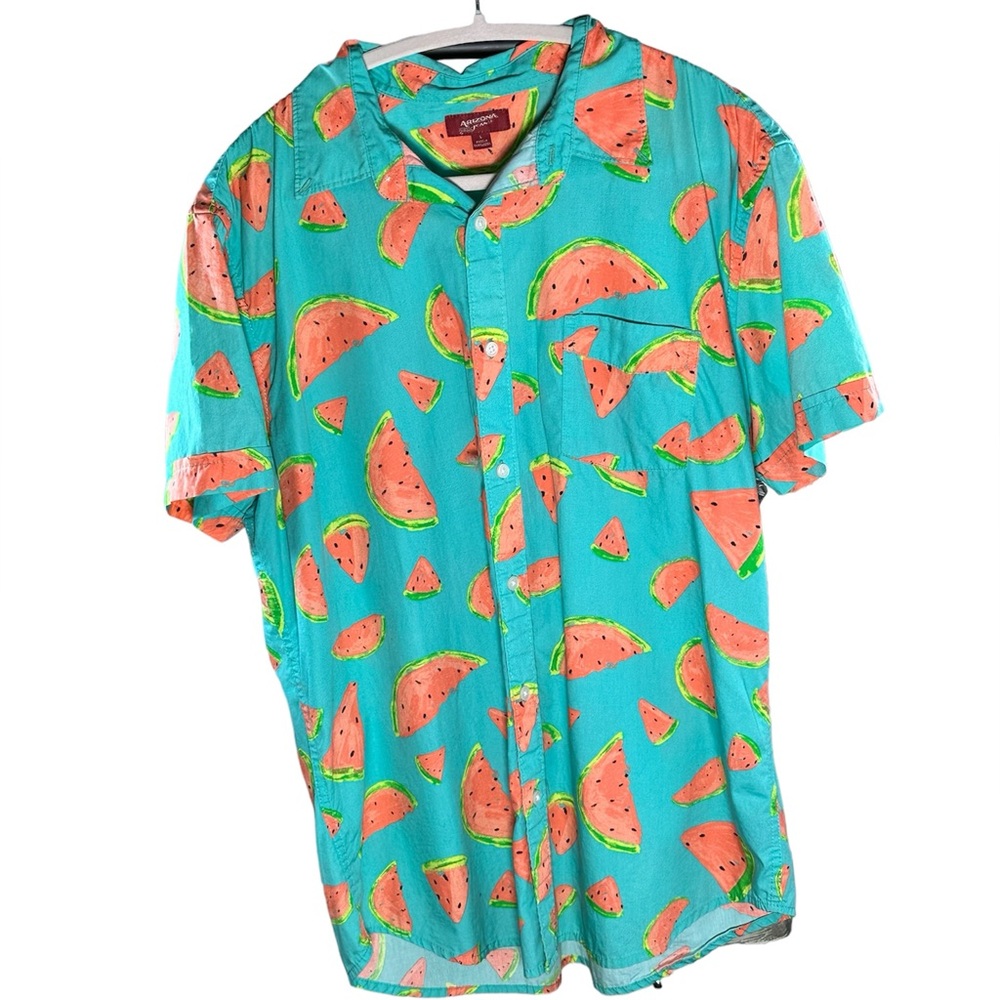 Mens Short Sleeve Blue with Watermelon Print Button Down | Arizona Jeans SZ L
